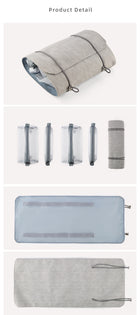 Grey multi-compartment travel organizer bag with clear mesh pockets and drawstring closure