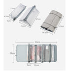 Transparent PVC makeup pouches and a grey roll-up toiletry bag with dimensions.