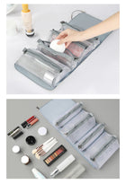 Gray mesh hanging toiletry organizer bag for travel skincare and makeup essentials.