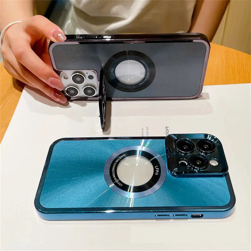 Electroplated Phone Case Luxury Plating CD Pattern MagSafe Bracket Case for iPhone 12 13 14 Pro Max Invisible Camera Stand Holder Lens Holder Magnetic Suction Nestora