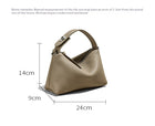 Taupe leather handbag with dimensions: 24cm length, 14cm height, and 9cm width.