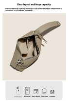 Beige leather waist bag showing internal capacity for phone, notebook, wallet, and power bank.