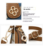 Detailed views of a brown leather bag featuring gold-tone hardware and floral accents.