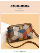 Multi-colored geometric patchwork shoulder bag with brown strap