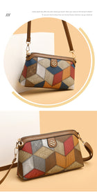 Geometric patterned crossbody shoulder bag in multi-colored earth tones