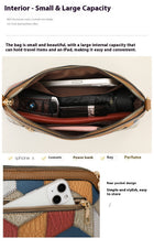 Interior view of a multi-colored bag showing storage capacity for a tablet, phone, and cosmetics.