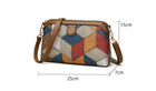 Multi-colored geometric pattern crossbody bag with dimensions 25cm x 15cm x 7cm