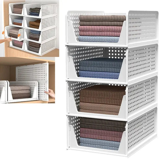 4-Pack Stackable Foldable Storage Drawers - White Large Capacity Closet Organizers for Bedroom, Kitchen, Home Plastic Bins Nestora