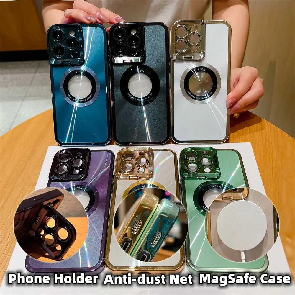 Electroplated Phone Case Luxury Plating CD Pattern MagSafe Bracket Case for iPhone 12 13 14 Pro Max Invisible Camera Stand Holder Lens Holder Magnetic Suction Nestora