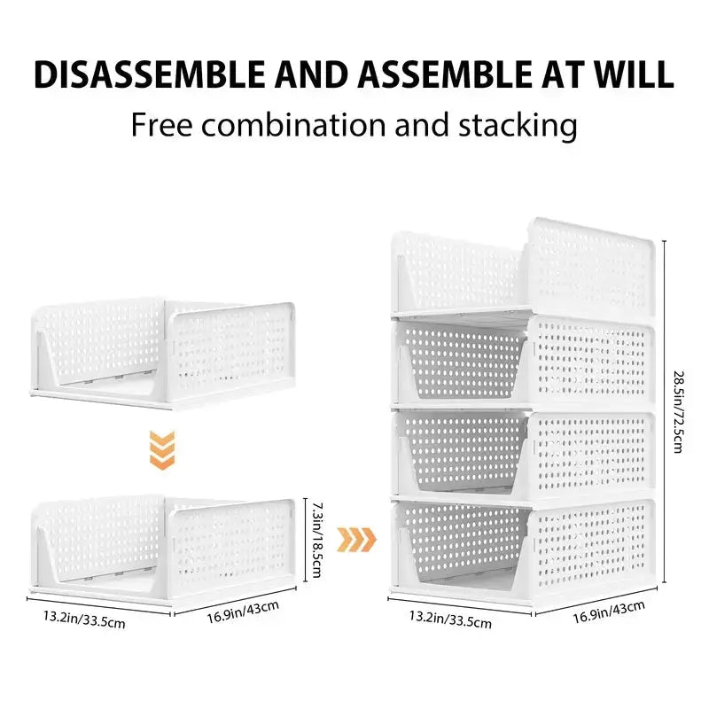 4-Pack Stackable Foldable Storage Drawers - White Large Capacity Closet Organizers for Bedroom, Kitchen, Home Plastic Bins Nestora