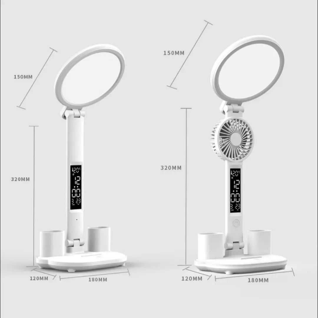 LED Table Lamp with Clock, USB Rechargeable Dimmable Desk Lamp, Plug-in LED Fan Light, Foldable Eye-Caring Reading Night Light Nestora