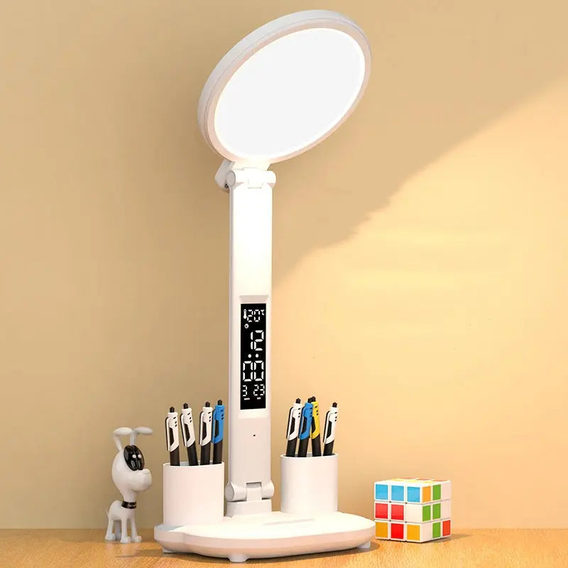 LED Table Lamp with Clock, USB Rechargeable Dimmable Desk Lamp, Plug-in LED Fan Light, Foldable Eye-Caring Reading Night Light Nestora