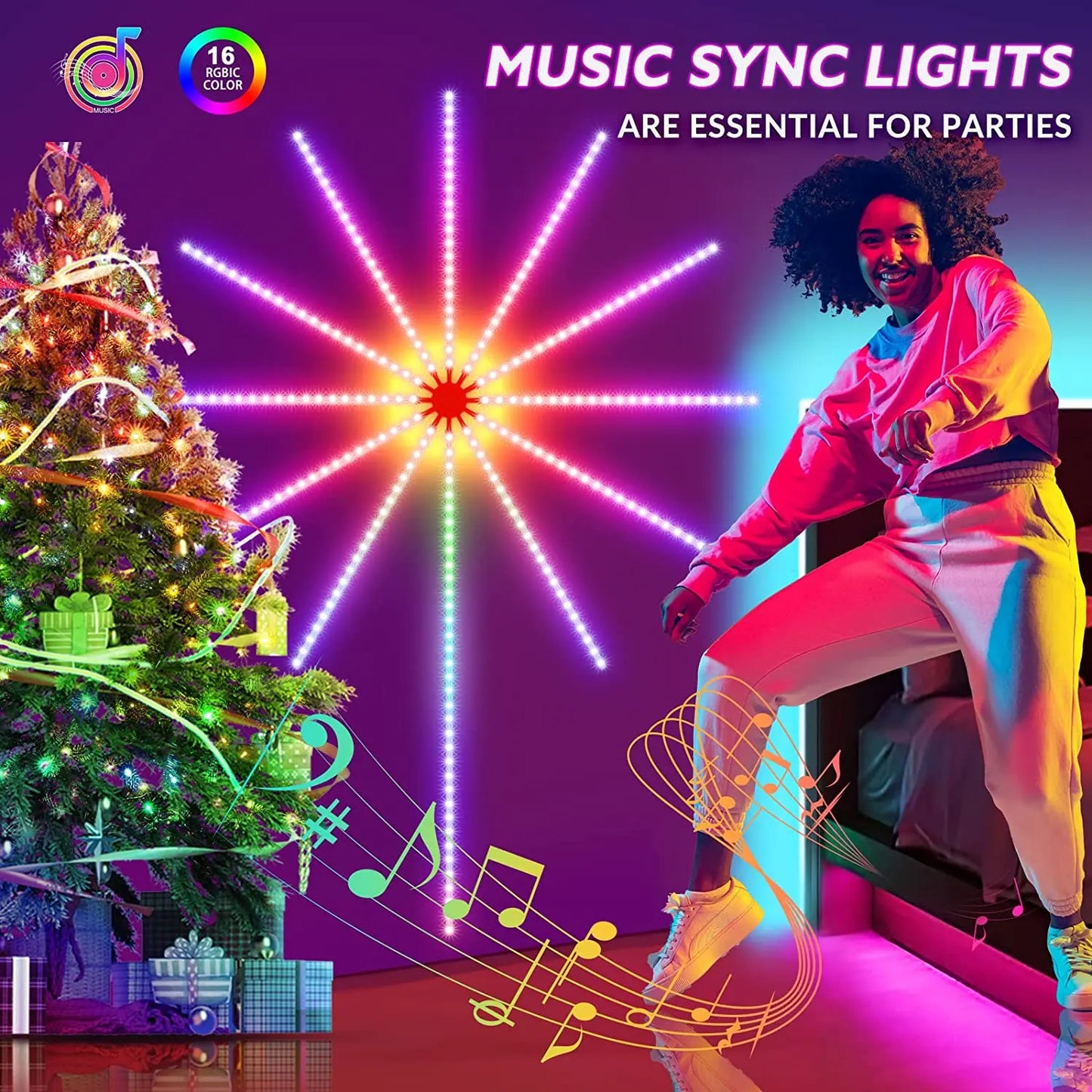 Firework LED Strip Lights, Music Sync, Color Changing, Remote Control LED Firework Light for Room Party Nestora
