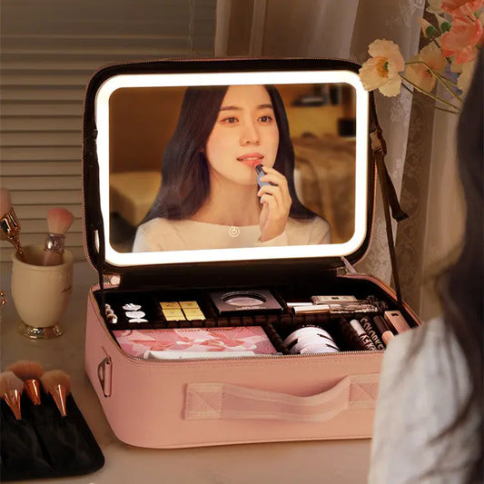 Smart LED Cosmetic Case with Mirror, Large-Capacity Fashion Portable Makeup Storage Bag for Travel Nestora