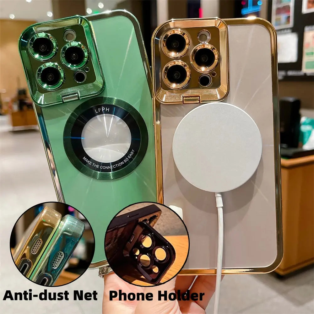 Electroplated Phone Case Luxury Plating CD Pattern MagSafe Bracket Case for iPhone 12 13 14 Pro Max Invisible Camera Stand Holder Lens Holder Magnetic Suction Nestora
