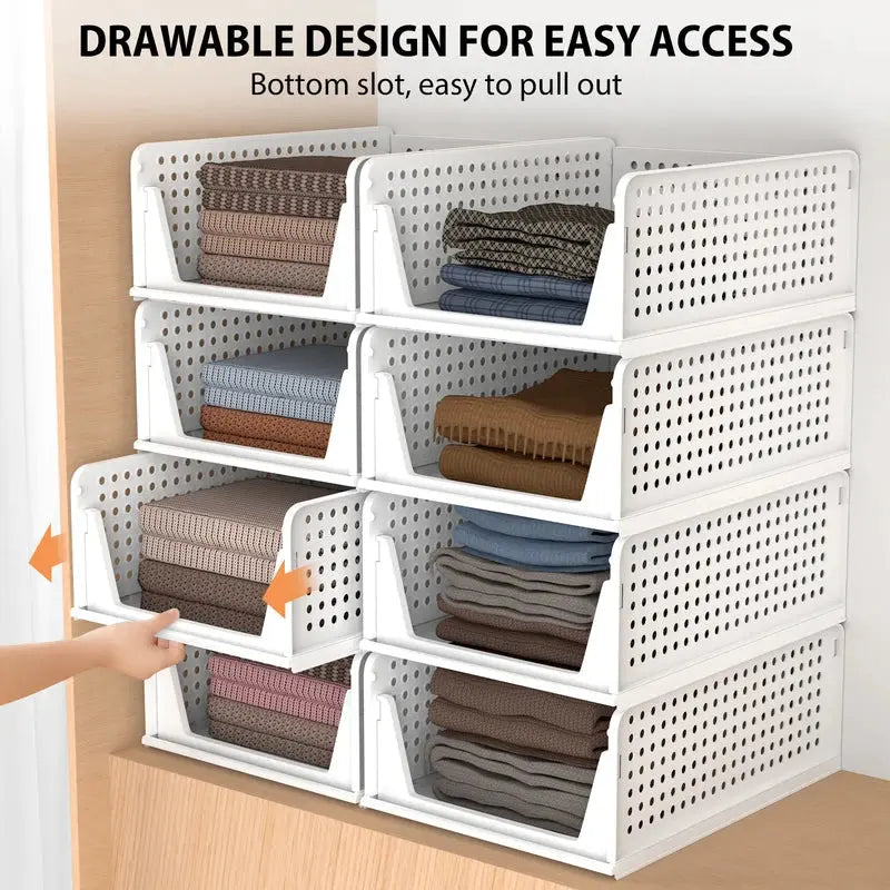 4-Pack Stackable Foldable Storage Drawers - White Large Capacity Closet Organizers for Bedroom, Kitchen, Home Plastic Bins Nestora