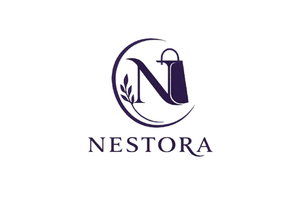 Nestora brand logo featuring a stylized letter N with a shopping bag and leaf icon.