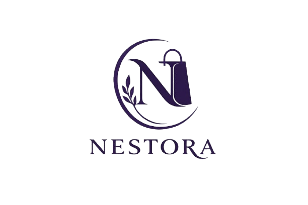 Nestora brand logo featuring a stylized letter N with a shopping bag and leaf icon.