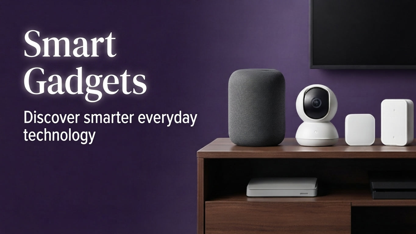 Smart home gadgets including a speaker and security camera on a wooden shelf against a purple wall.