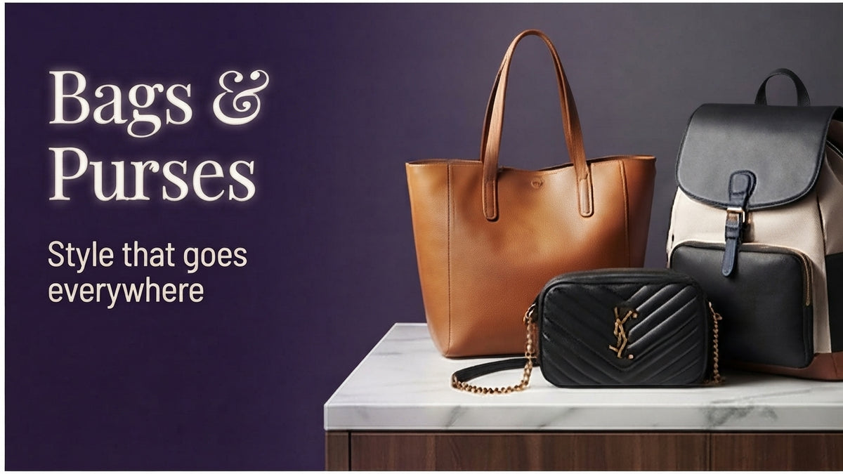 Collection of a brown tote bag, black quilted crossbody purse, and a black and beige backpack.
