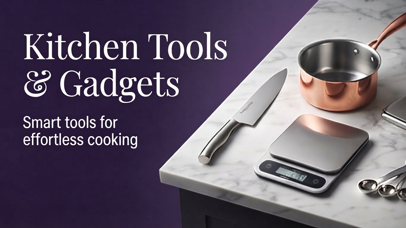 Modern kitchen tools including a chef's knife, digital scale, and copper pot on a marble counter.