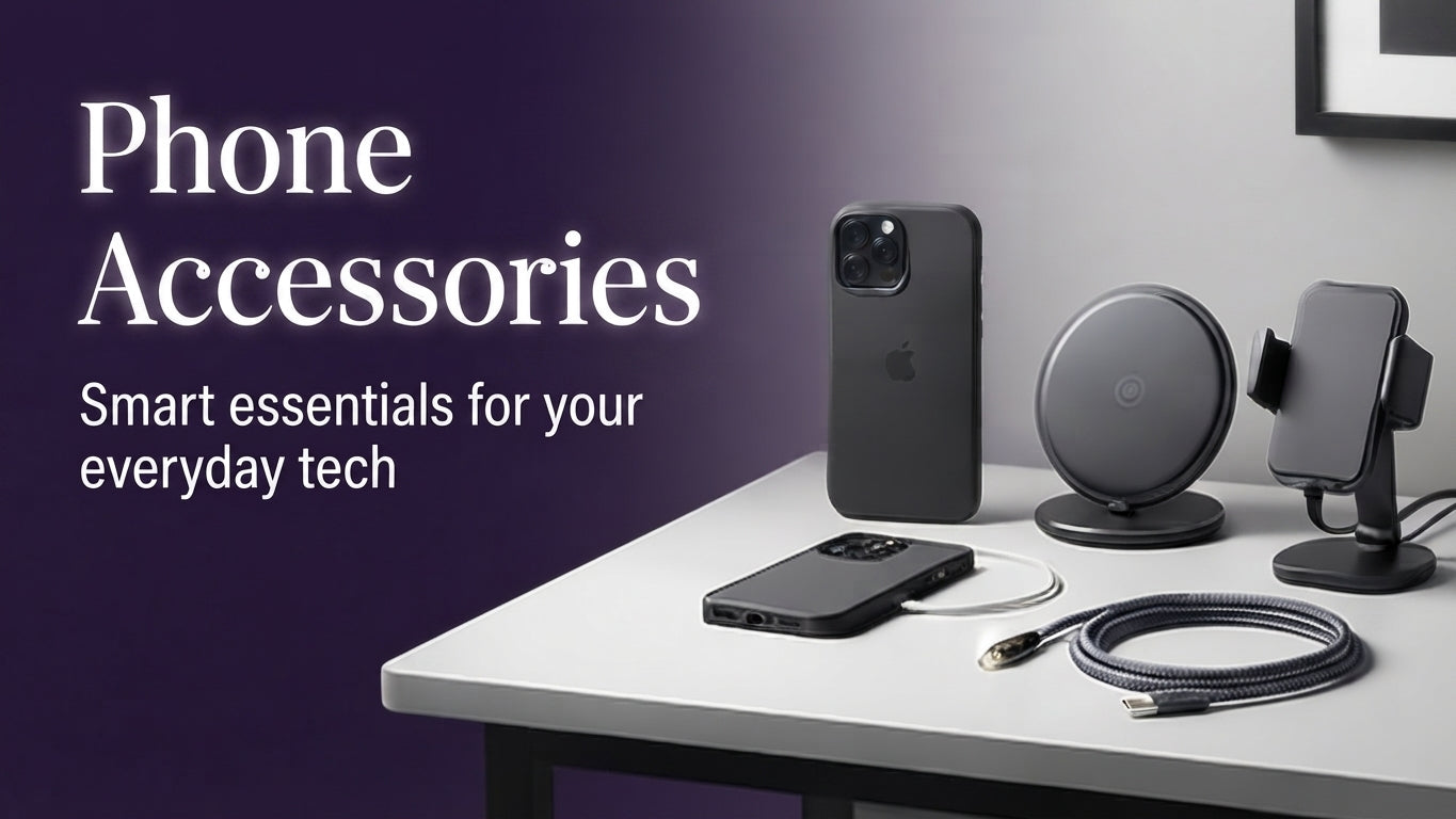 Set of black phone accessories including a case, wireless charger, and car mount on a white desk.