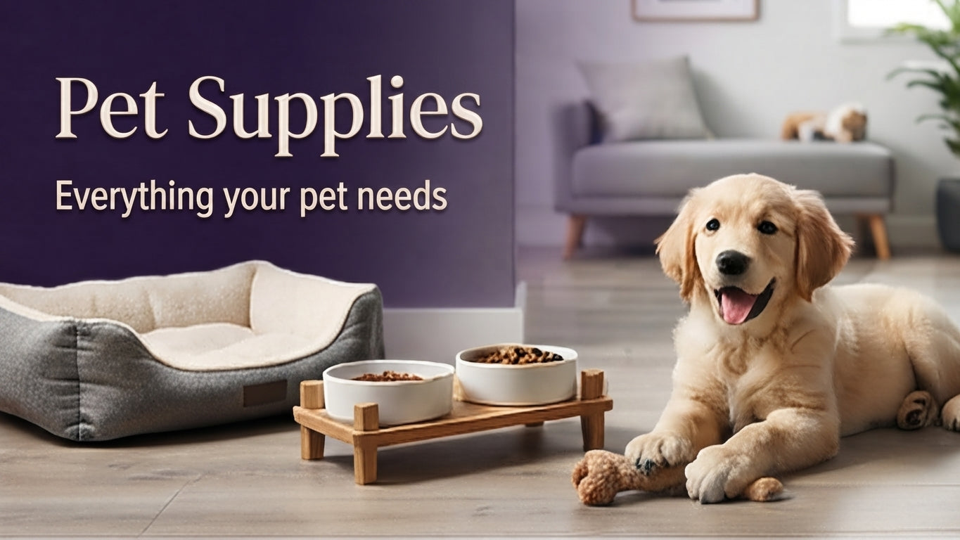 Golden Retriever puppy with a dog bed and elevated food bowls on a wooden floor.