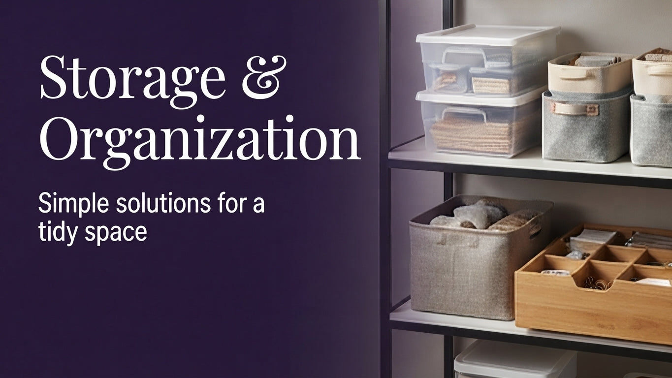 Home storage and organization solutions featuring plastic bins, fabric boxes, and bamboo dividers.