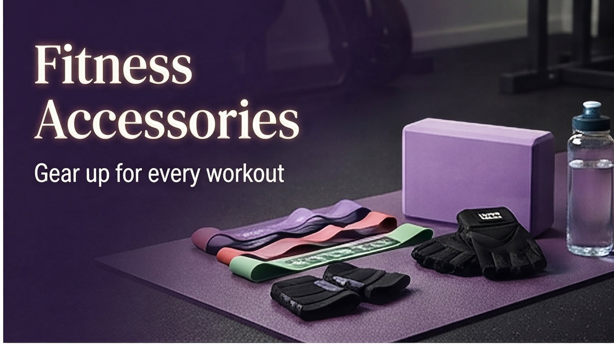Set of fitness accessories including resistance bands, wrist weights, yoga block, and water bottle.