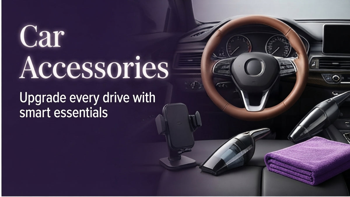 Car interior accessories including a handheld vacuum, phone holder, and microfiber cloth.