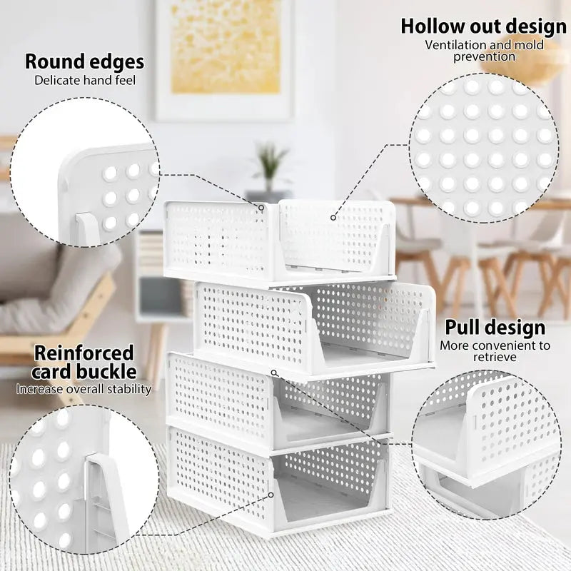 4-Pack Stackable Foldable Storage Drawers - White Large Capacity Closet Organizers for Bedroom, Kitchen, Home Plastic Bins Nestora
