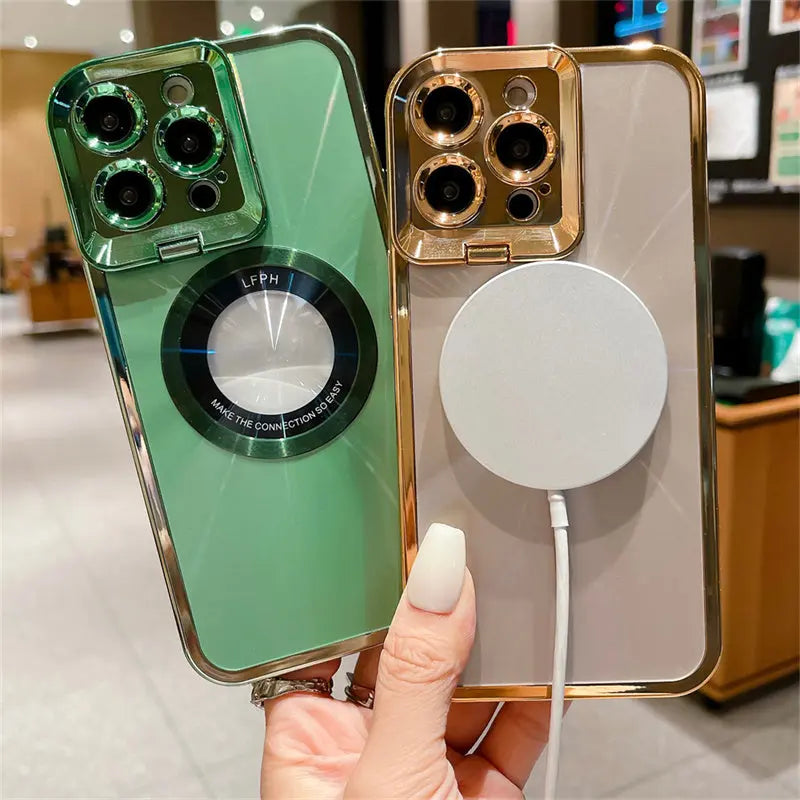 Electroplated Phone Case Luxury Plating CD Pattern MagSafe Bracket Case for iPhone 12 13 14 Pro Max Invisible Camera Stand Holder Lens Holder Magnetic Suction Nestora