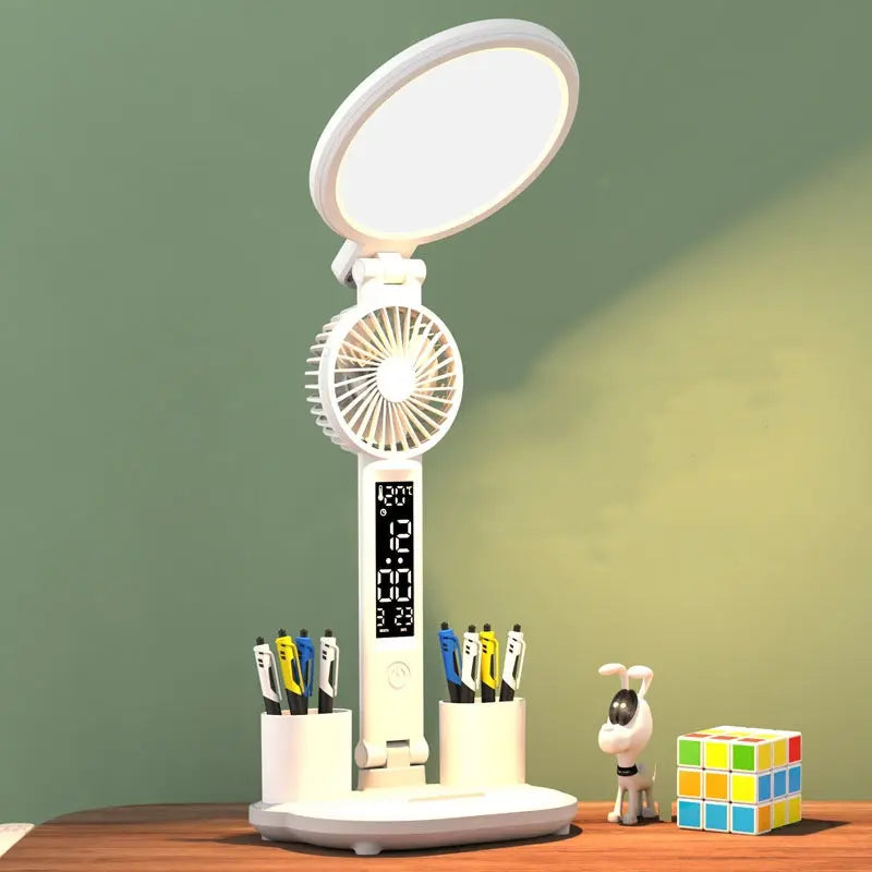 LED Table Lamp with Clock, USB Rechargeable Dimmable Desk Lamp, Plug-in LED Fan Light, Foldable Eye-Caring Reading Night Light Nestora