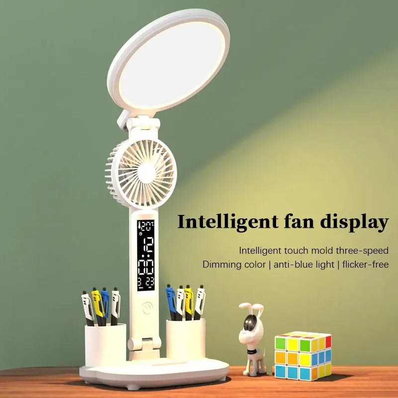 LED Table Lamp with Clock, USB Rechargeable Dimmable Desk Lamp, Plug-in LED Fan Light, Foldable Eye-Caring Reading Night Light Nestora