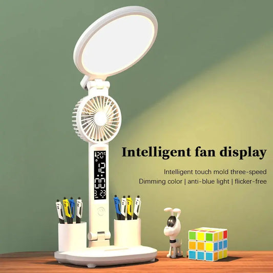 LED Table Lamp with Clock, USB Rechargeable Dimmable Desk Lamp, Plug-in LED Fan Light, Foldable Eye-Caring Reading Night Light Nestora