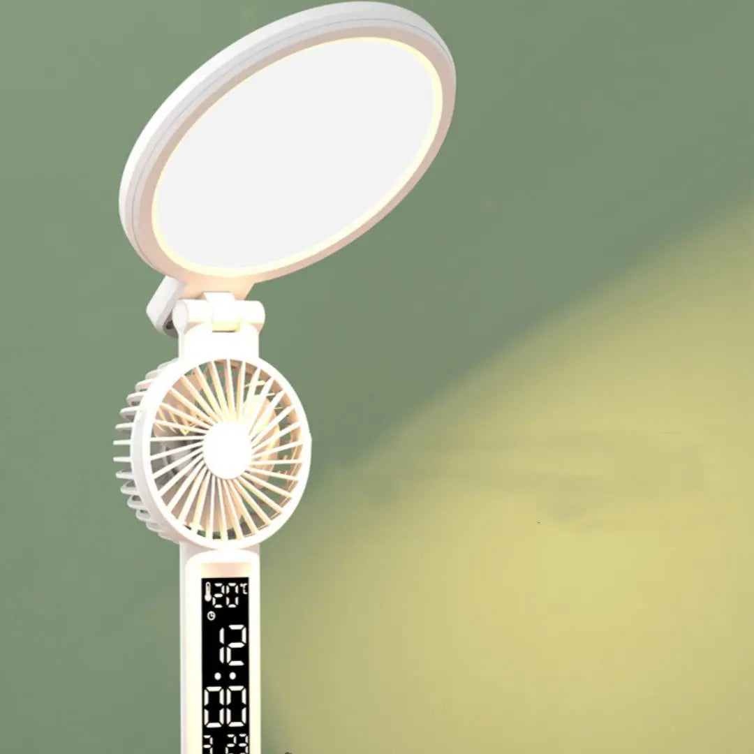 LED Table Lamp with Clock, USB Rechargeable Dimmable Desk Lamp, Plug-in LED Fan Light, Foldable Eye-Caring Reading Night Light Nestora