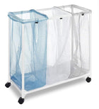 Three-compartment rolling laundry sorter with blue and white mesh bags and white frame