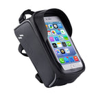 Black bicycle handlebar bag with a transparent touchscreen smartphone pocket