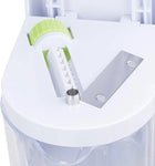 White vegetable chopper with stainless steel blades and a clear storage container.