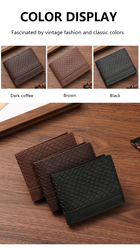 Three textured leather card holders in dark coffee, brown, and black colors on a wooden surface.