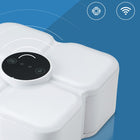 Smart white automatic trash can with touch control panel and wireless connectivity icons.