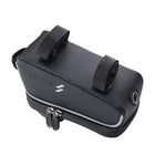 Black waterproof bicycle frame bag with straps and reflective piping