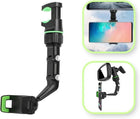 Adjustable black car phone holder with green accents for dashboard or rearview mirror mounting.