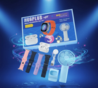 H66PLUS smart watch, wireless headphones, and handheld mini fan gift set in blue packaging.