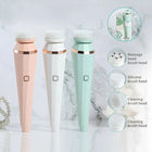 Electric facial cleansing brush set with massage, silicone, and cleaning brush heads.