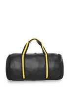 Black cylindrical duffel bag with yellow striped handles
