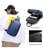 Blue waterproof sling bag for men featuring main storage and water-resistant material.