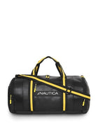 Black Nautica duffel bag with yellow straps and adjustable shoulder strap