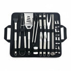 Stainless steel BBQ tool set with grilling accessories in a black carrying case
