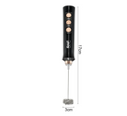 Black RAF handheld electric milk frother with 3 speed settings and measurements